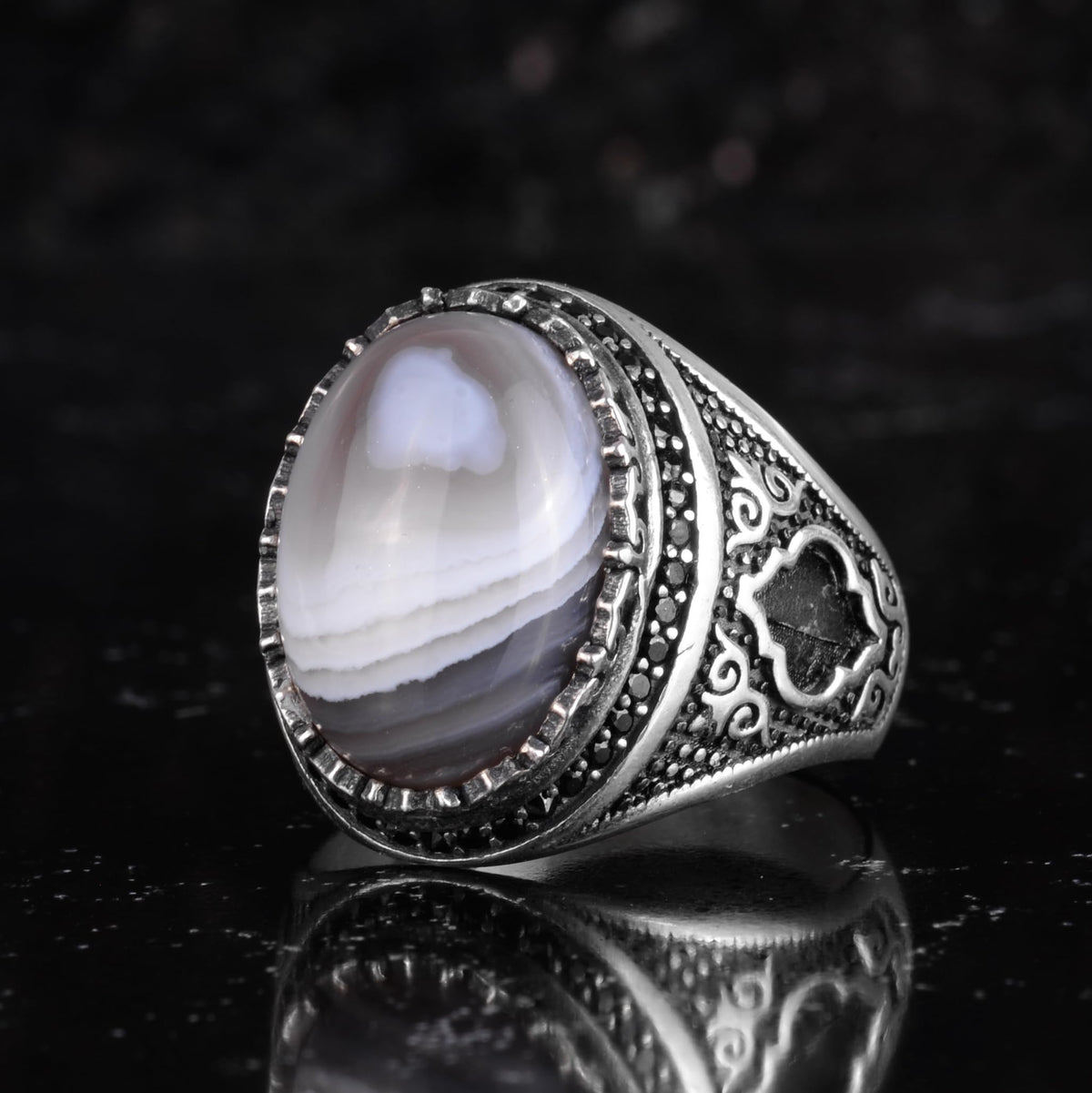KAMBO Natural Agate Stone Men's Ring – Band Stone – 925 Sterling Silver Handmade Statement Ring – Vintage Ottoman Style Men's Jewelry (Agate-2) — 4