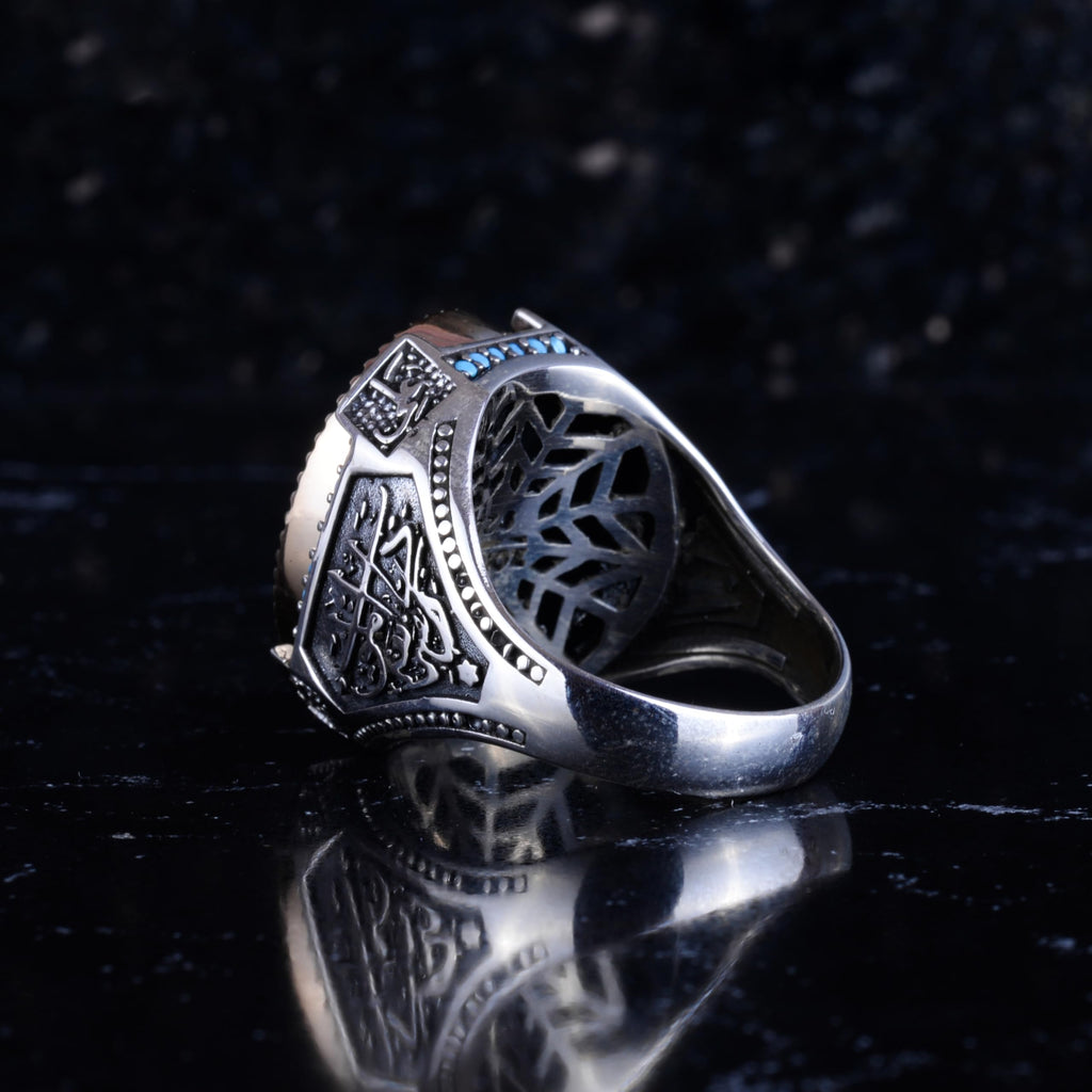 KAMBO Star of David Engraved Men's Ring 925 Sterling Silver – Oval Statement Ring with Turquoise Details – Vintage Handmade Silver Ring — 7
