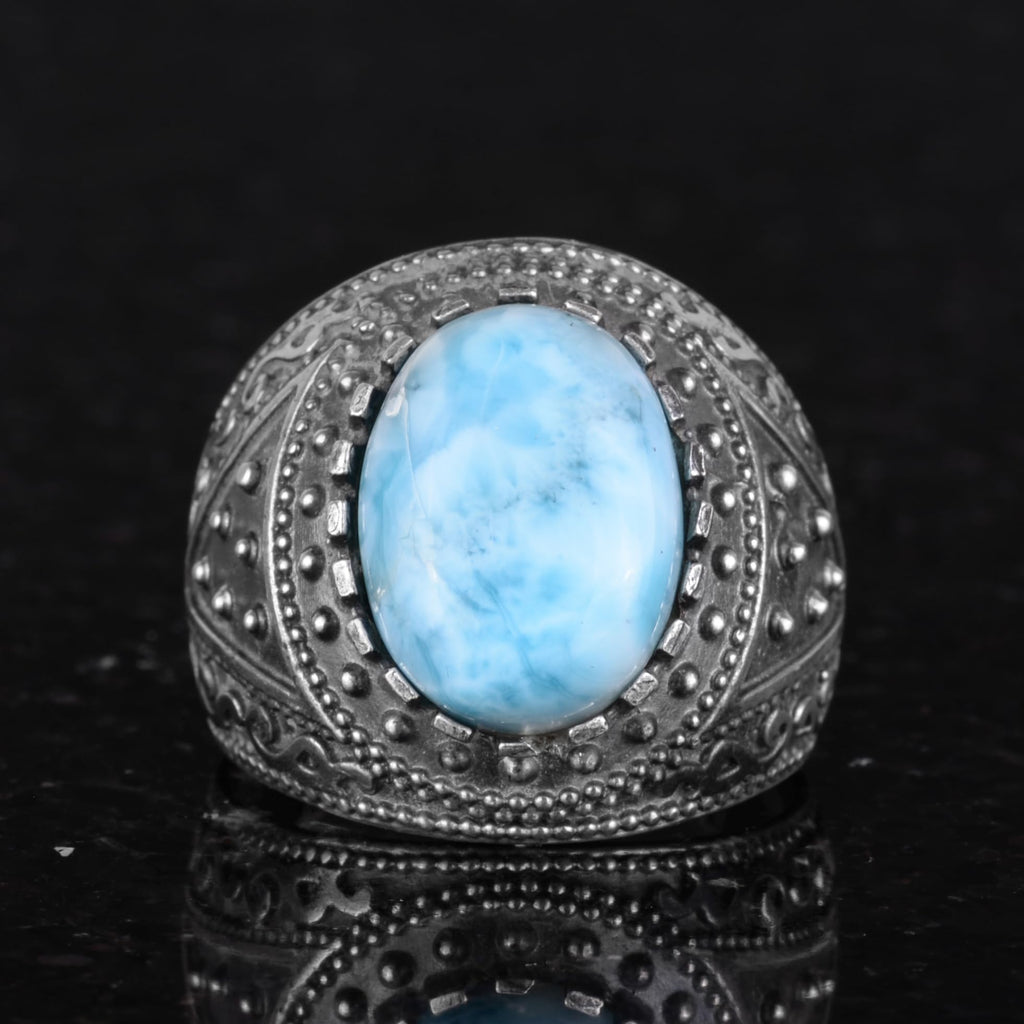 Natural Larimar Stone Ring, 925 Sterling Silver Men's Ring — 4