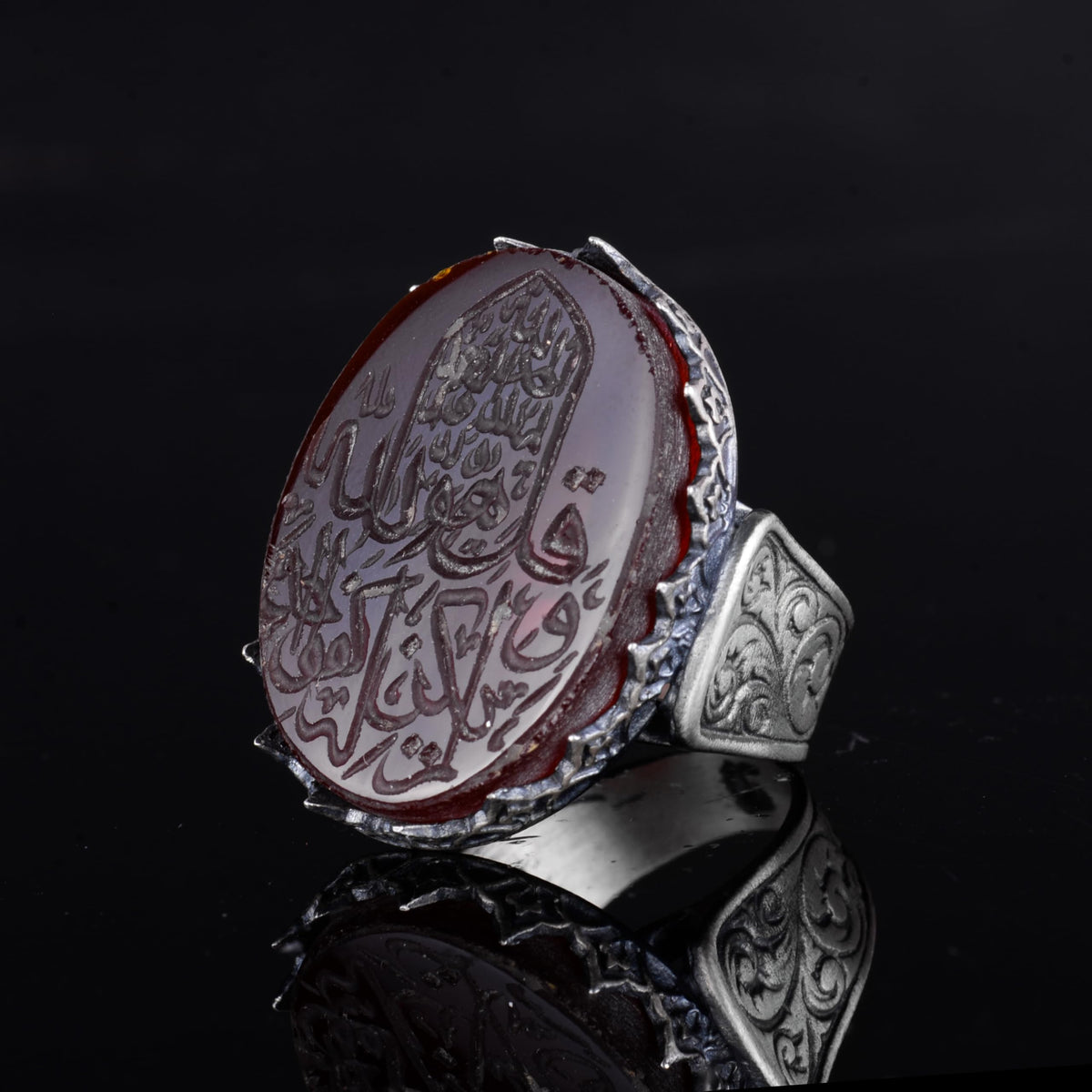 KAMBO 925 Sterling Silver Natural Agate Stone Large Men's Ring – Handmade Islamic Calligraphy Design — 5