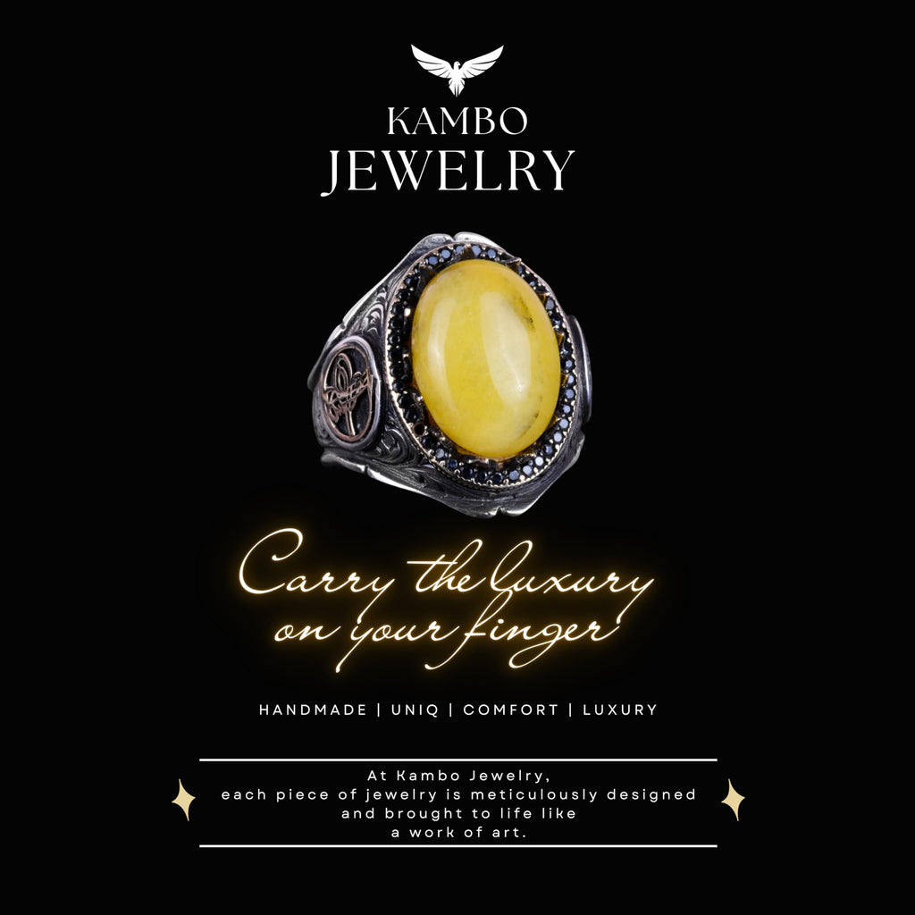 925 Sterling Silver Men's Ring - Yellow Agate Stone — 5