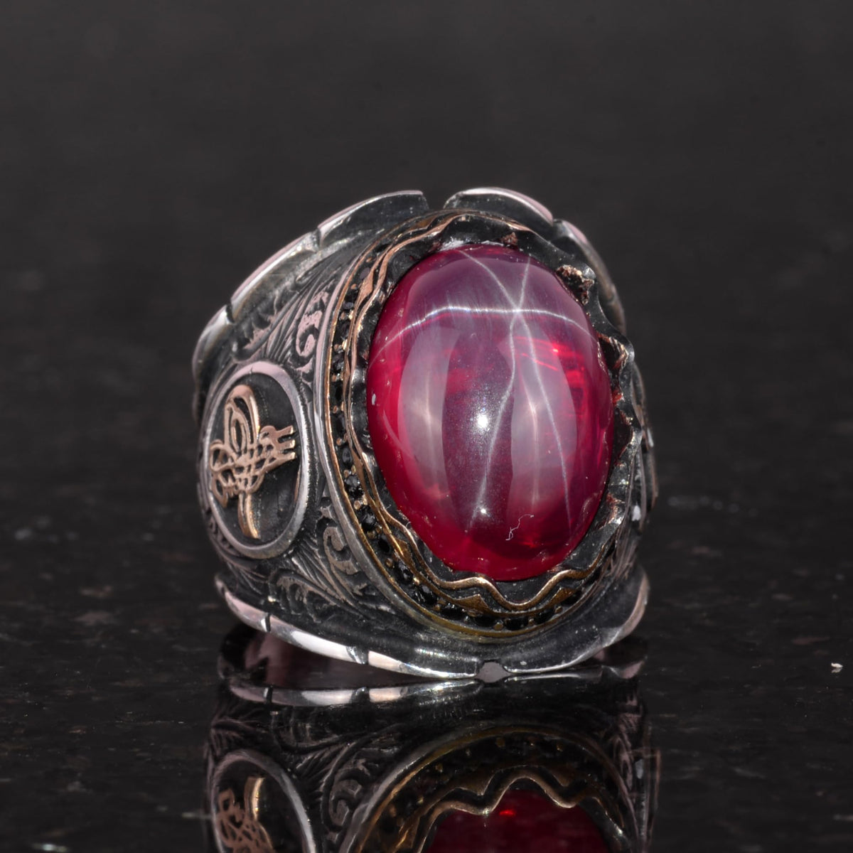 925 Sterling Silver Men's Ring, Handmade Natural Star Ruby Stone Ring, Ottoman Tugra Silver Ring — 3