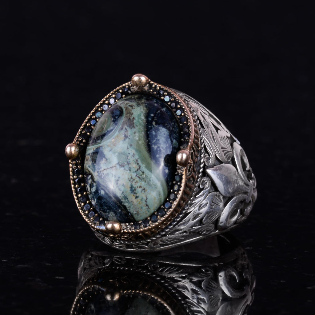 925 Sterling Silver Handcrafted Men's Ring - Available with Different Natural Stones (Green Eye) — 4