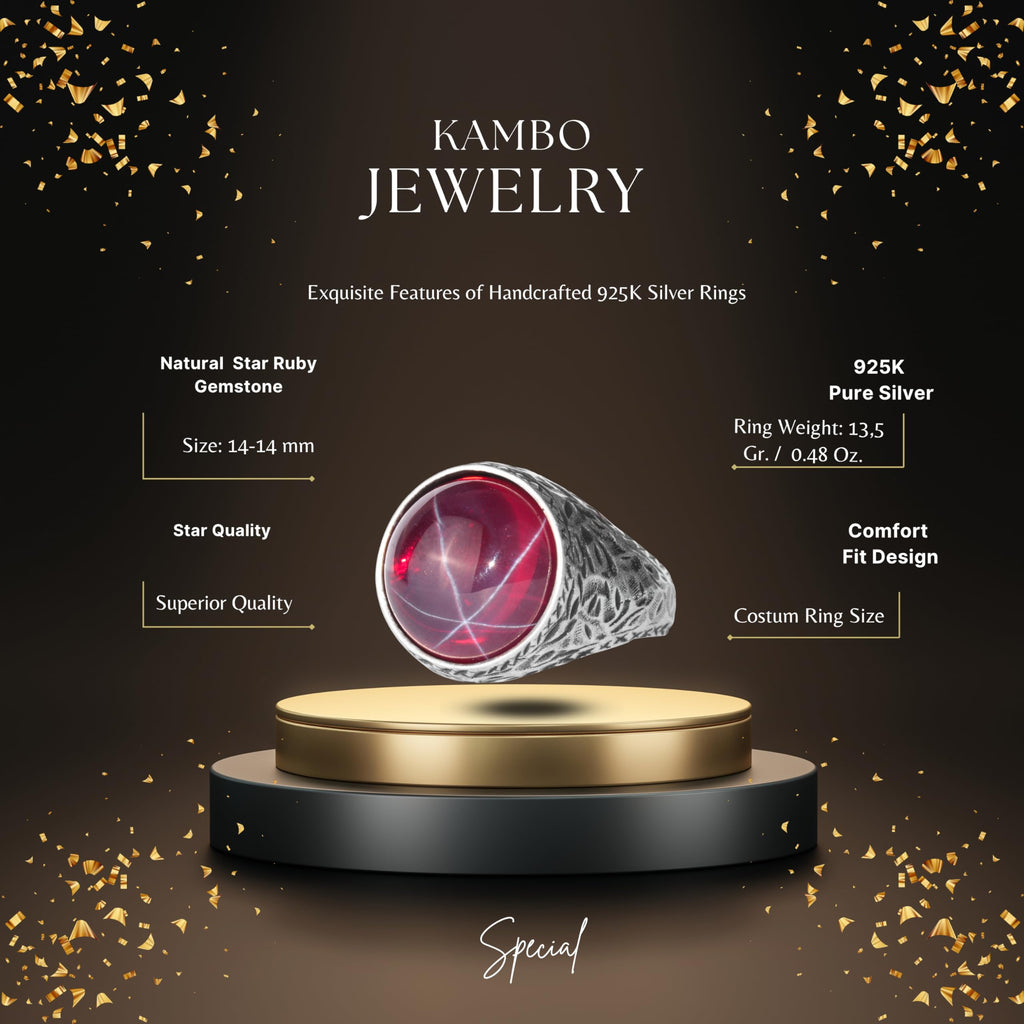 KAMBO Natural Stone Men's Ring 925 Sterling Silver Round Cabochon Handmade Statement Ring Stone (Star Ruby) — 2