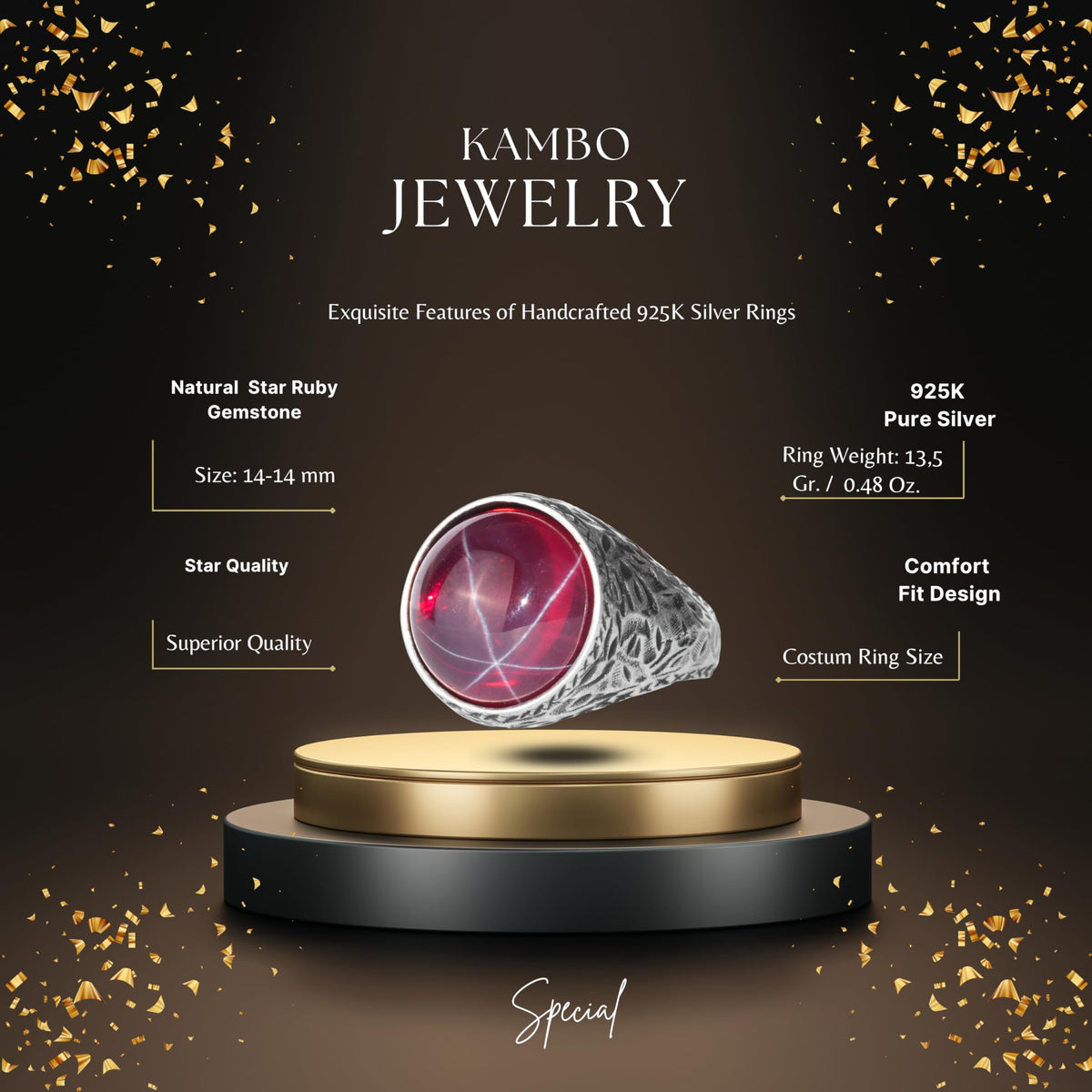 KAMBO Natural Stone Men's Ring 925 Sterling Silver Round Cabochon Handmade Statement Ring Stone (Star Ruby) — 2