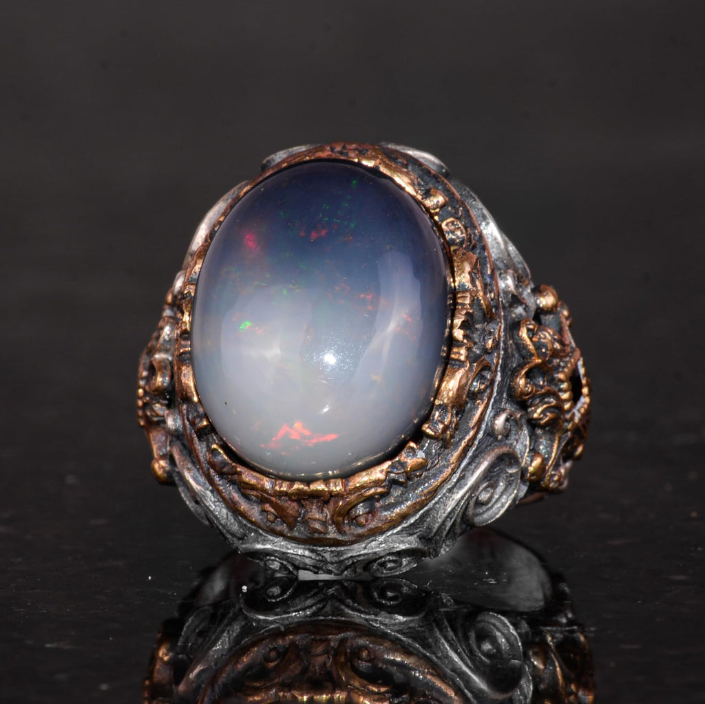 925 Sterling Silver Men's Ring - Genuine Oval Opal Stone - Patterned — 6