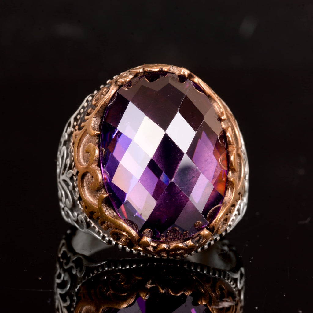 925 Sterling Silver Synthetic Amethyst Stone Men's Ring – Vintage Handcrafted Design — 5