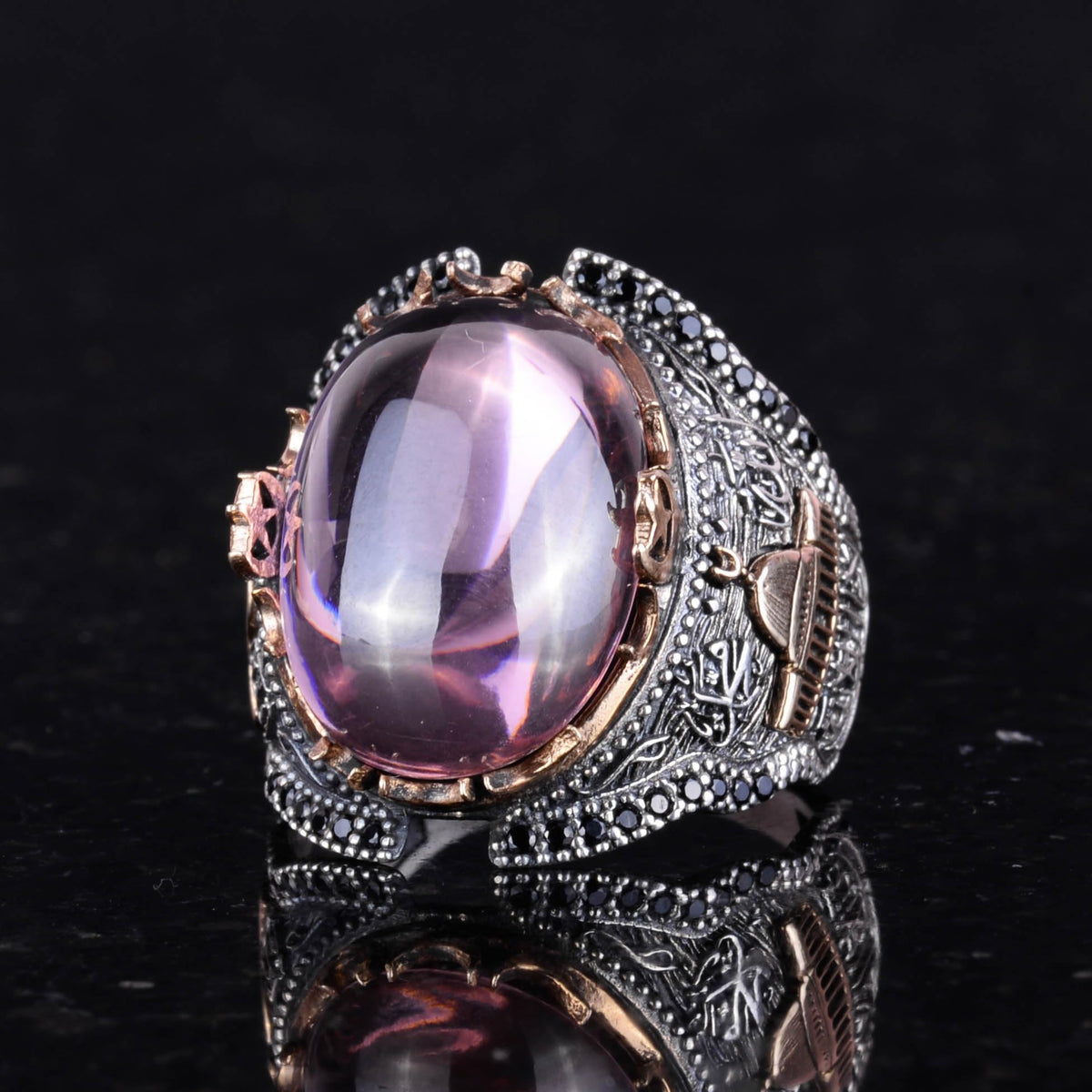 Kambo 925 Sterling Silver Men's Ring - Islamic Ring with Synthetic Pink Topaz Stone and Mosque Motif — 3