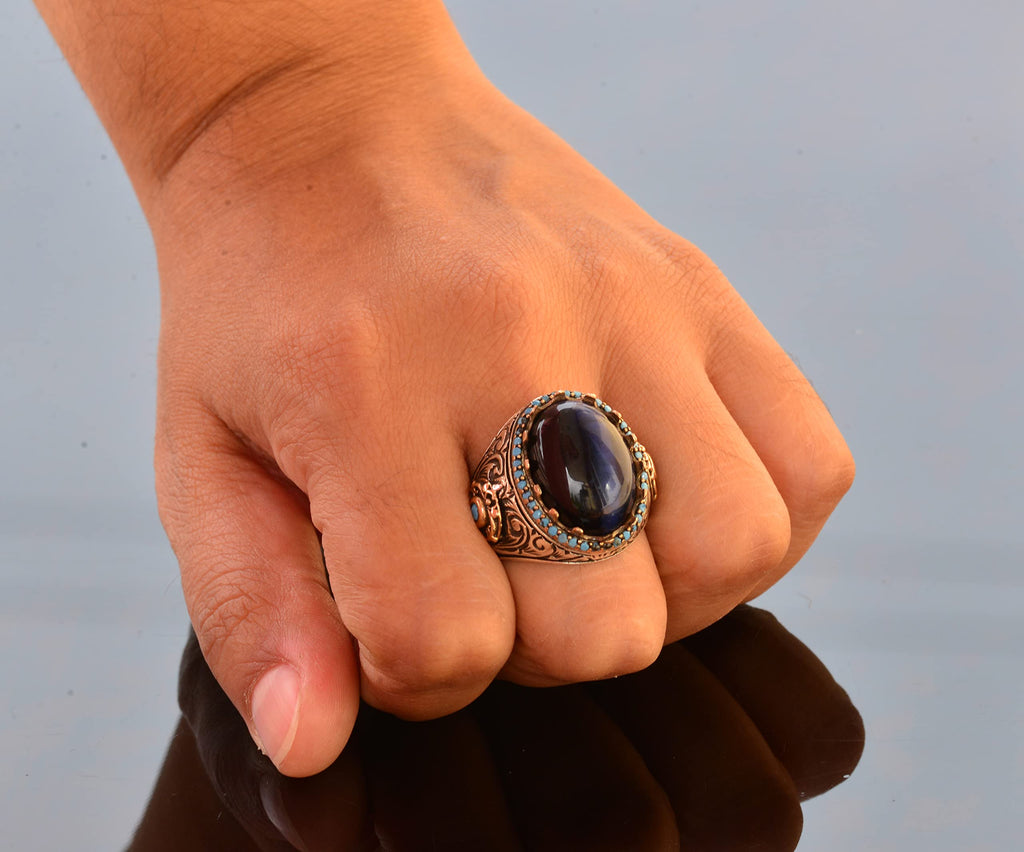 King Ring - Artificial Blue Tiger's Eye Stone, 925 Sterling Silver Unisex Ring — 7