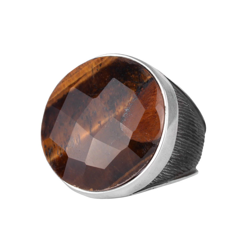 KAMBO 925 Sterling Silver Natural Stone Large Men's Ring – Handmade Round Shape Statement Silver Jewelry (Tiger's Eye)