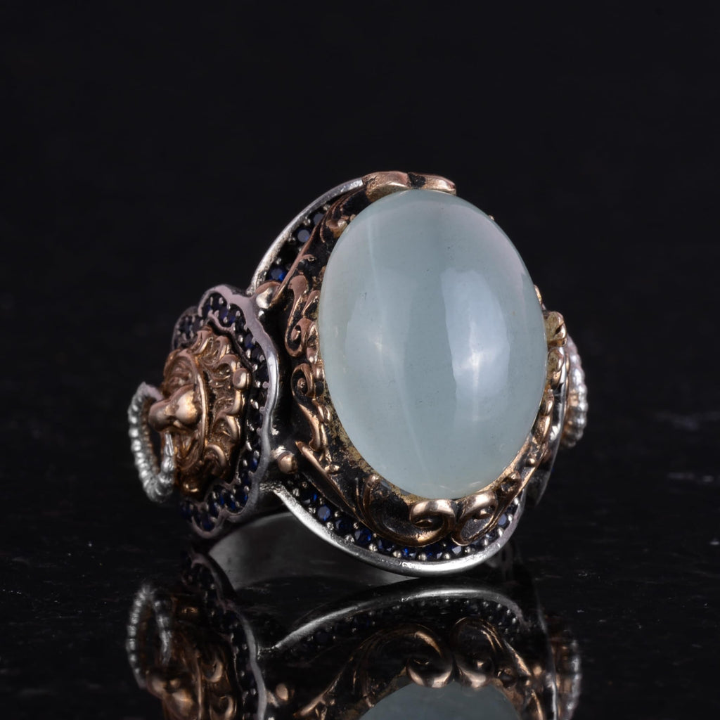 Handcrafted Lion Cabochon Aquamarine Stone Ring — 6