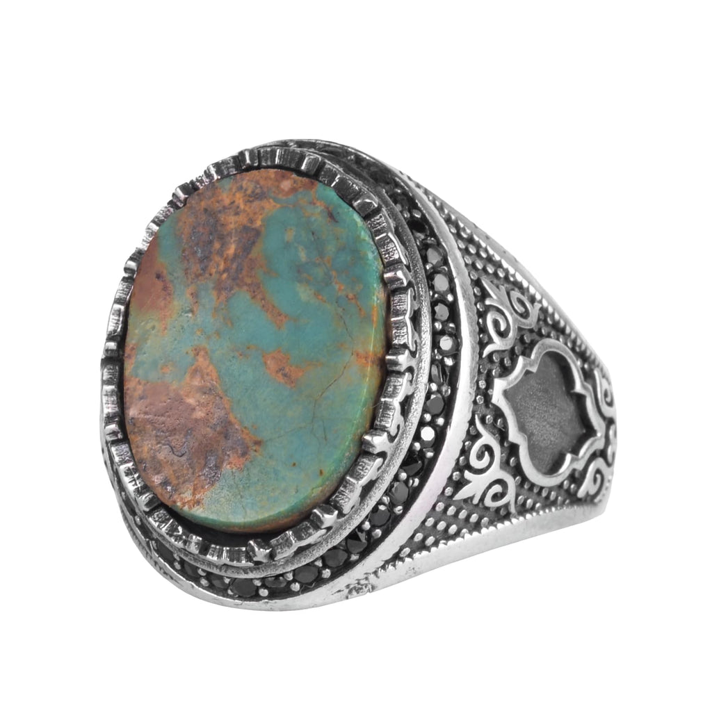 KAMBO Turquoise Stone Men's Ring 925 Sterling Silver – Natural Turquoise Statement Ring – Vintage Ottoman Style Handmade Men's Ring (Turquoise-3)