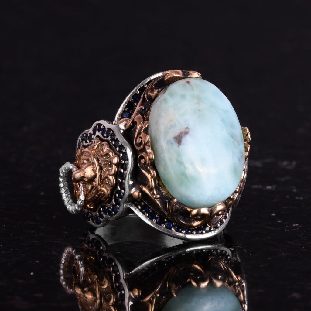 Handmade Lion Symbol Ring - Larimar Stone 925 Sterling Silver Men's Ring — 6