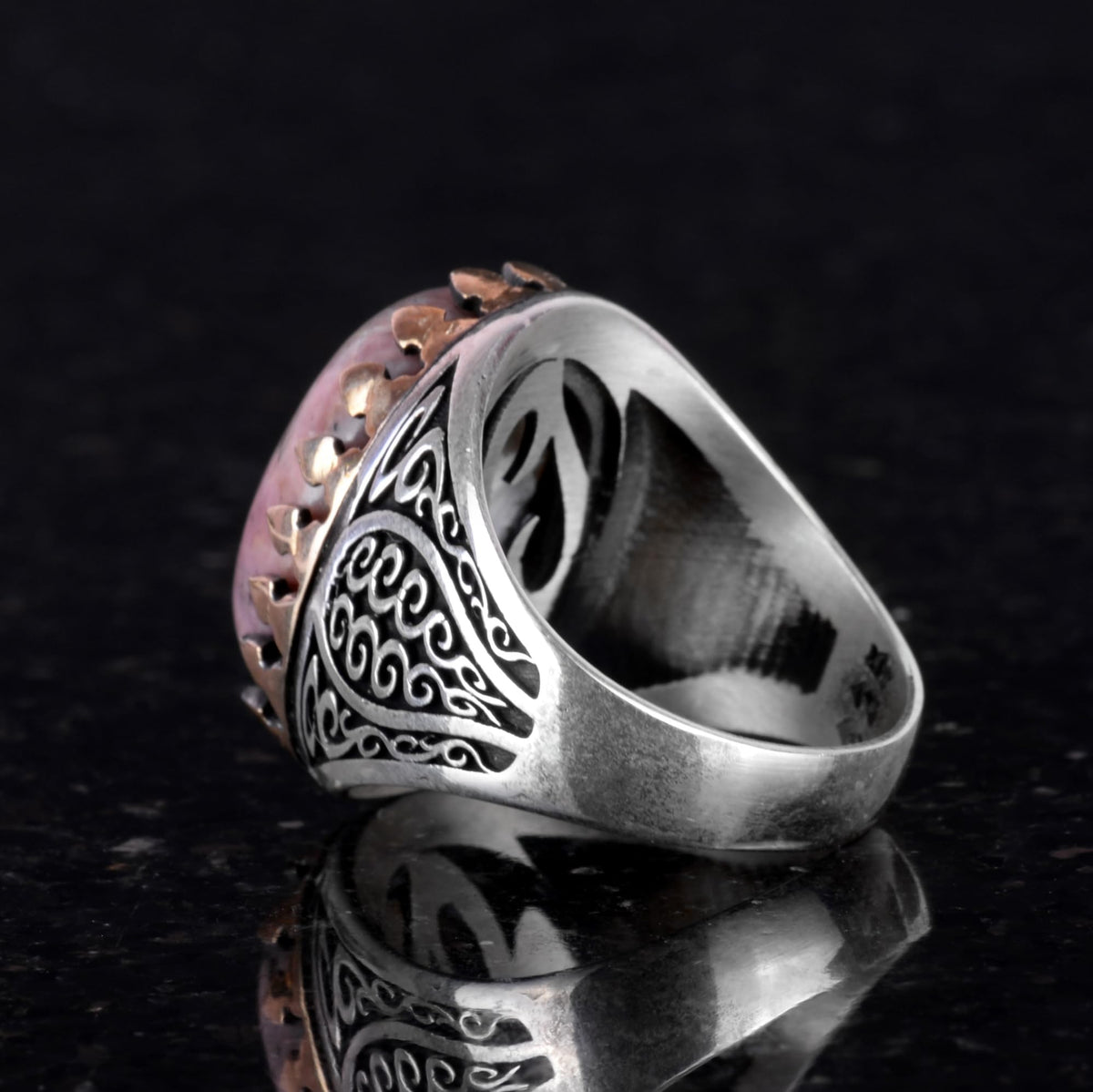 925 Sterling Silver Men's Ring - Natural Rhodonite Stone — 7