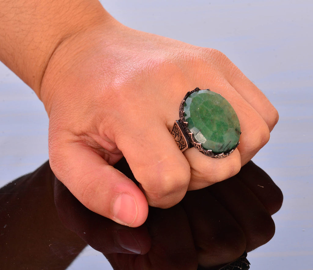 Handmade 925 Sterling Silver Men's Ring, Real Emerald Stone — 6