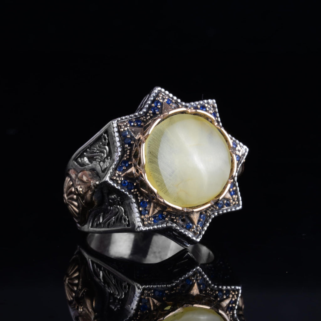 KAMBO 925 Sterling Silver Natural Amber Stone Large Ring - Star Frame Design Handmade Men's Jewelry (Style-2) — 6
