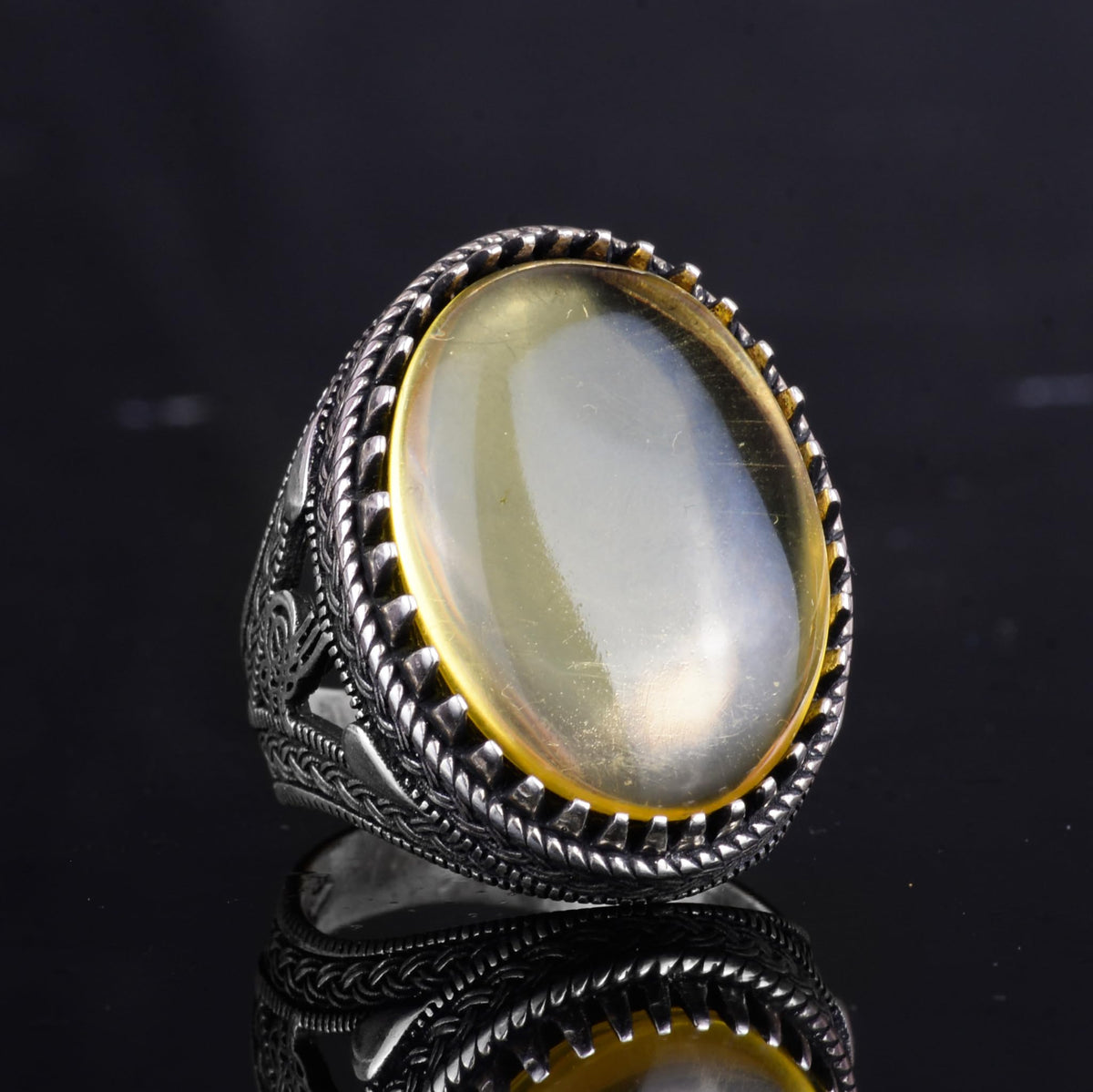 KAMBO Ottoman Tugra Design Natural Amber Stone Ring - 925 Sterling Silver Handmade Men's Ring — 5