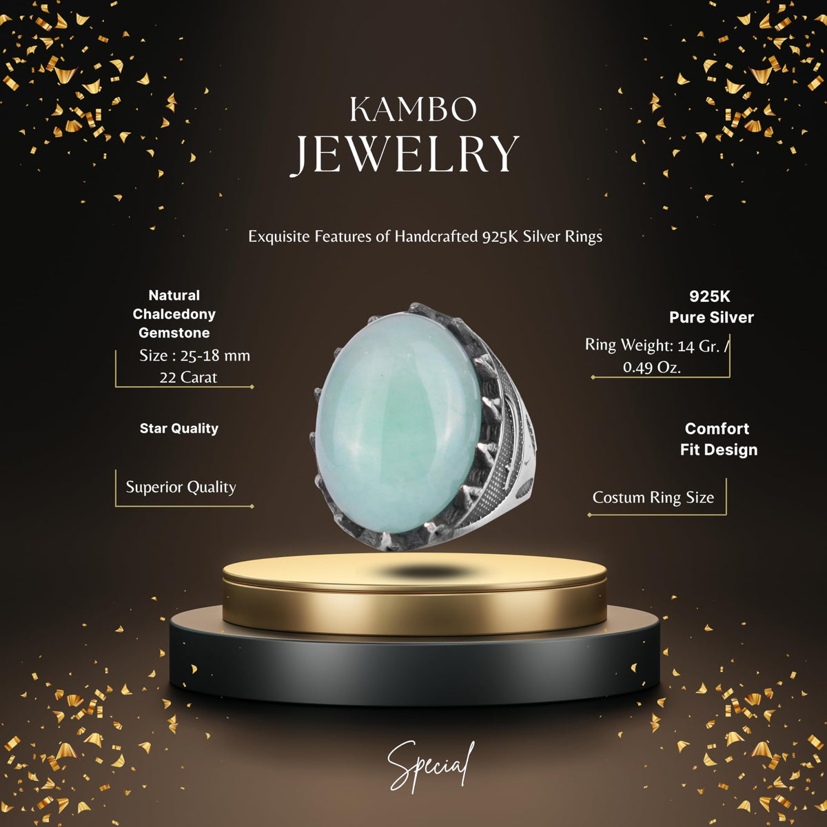 KAMBO Natural Stone Men's Large Ring – 925 Sterling Silver Ottoman Sword Motif Signet Ring (Chalcedony) — 2