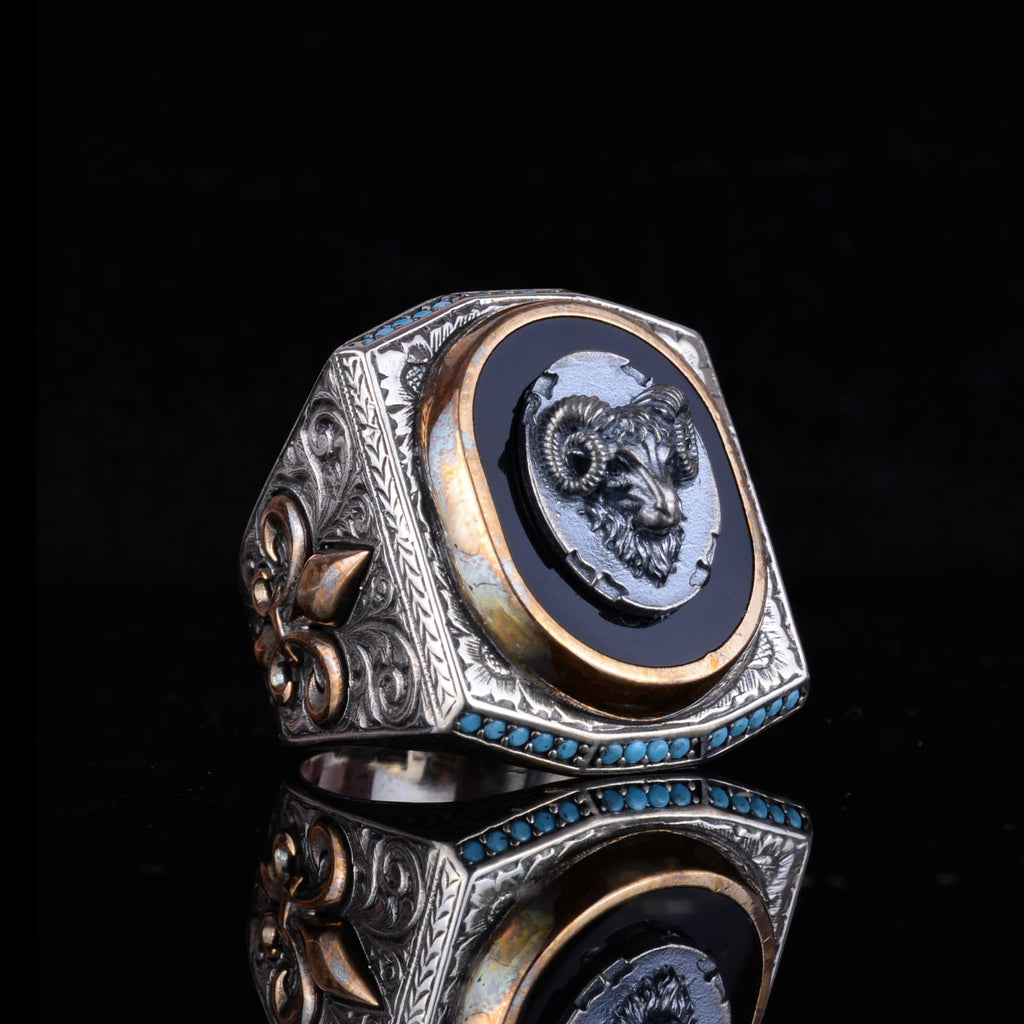Black Designed Stone Men's Large Ring – 925 Sterling Silver Vintage Design Statement Ring (Ram) — 5