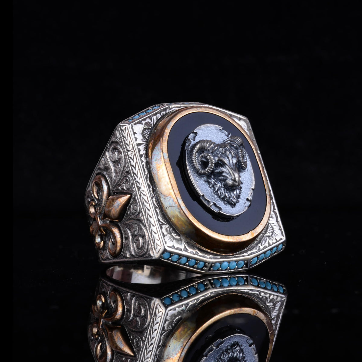 Black Designed Stone Men's Large Ring – 925 Sterling Silver Vintage Design Statement Ring (Ram) — 5