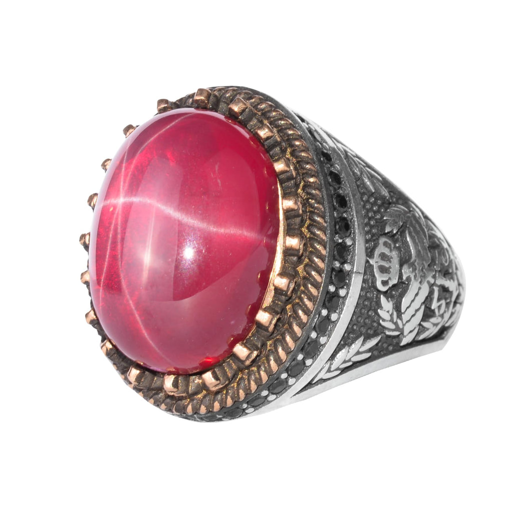 KAMBO Natural Star Ruby Stone Ring for Men 925 Sterling Silver Bronze Frame Handmade Ottoman Style Statement Ring Asterism Ruby
