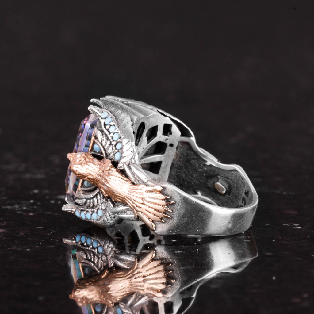 Handmade 925 Sterling Silver Men's Eagle Ring, Mystic Topaz Stone — 7