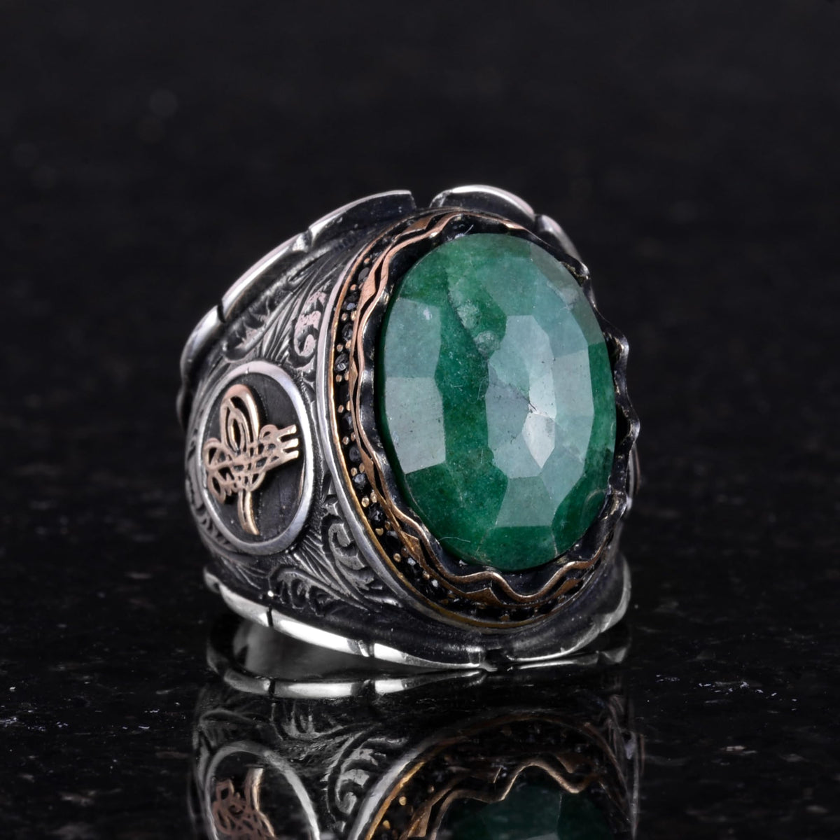 Ottoman Tugra Silver Ring, Natural Stone Ring, 925 Sterling Silver Ring (Emerald) — 4
