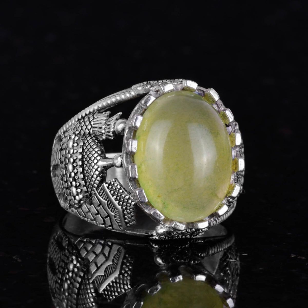 925 Sterling Silver Men's Ring, Natural Prehnite Stone Ring — 5