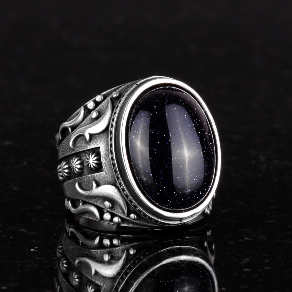 Synthetic Stone Ring, 925 Sterling Silver Ring, Designer Silver Men's Ring (Blue Sunstone) — 4