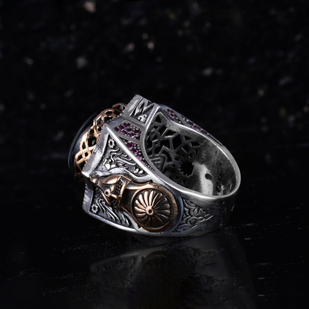 KAMBO Certified Design Opal Men's Ring – Star Shaped Design – Gold Plated Details 925 Sterling Silver Ring – Expressive Masonic Style — 7