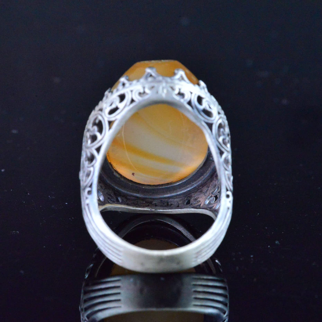 Natural Agate Islamic Calligraphy Ring - 925 Sterling Silver Handmade Men's Ring — 7