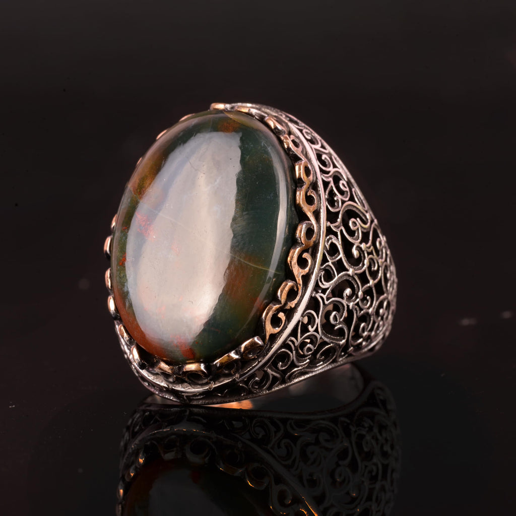 Natural Bloodstone Ring, 925 Sterling Silver Men's Ring — 4