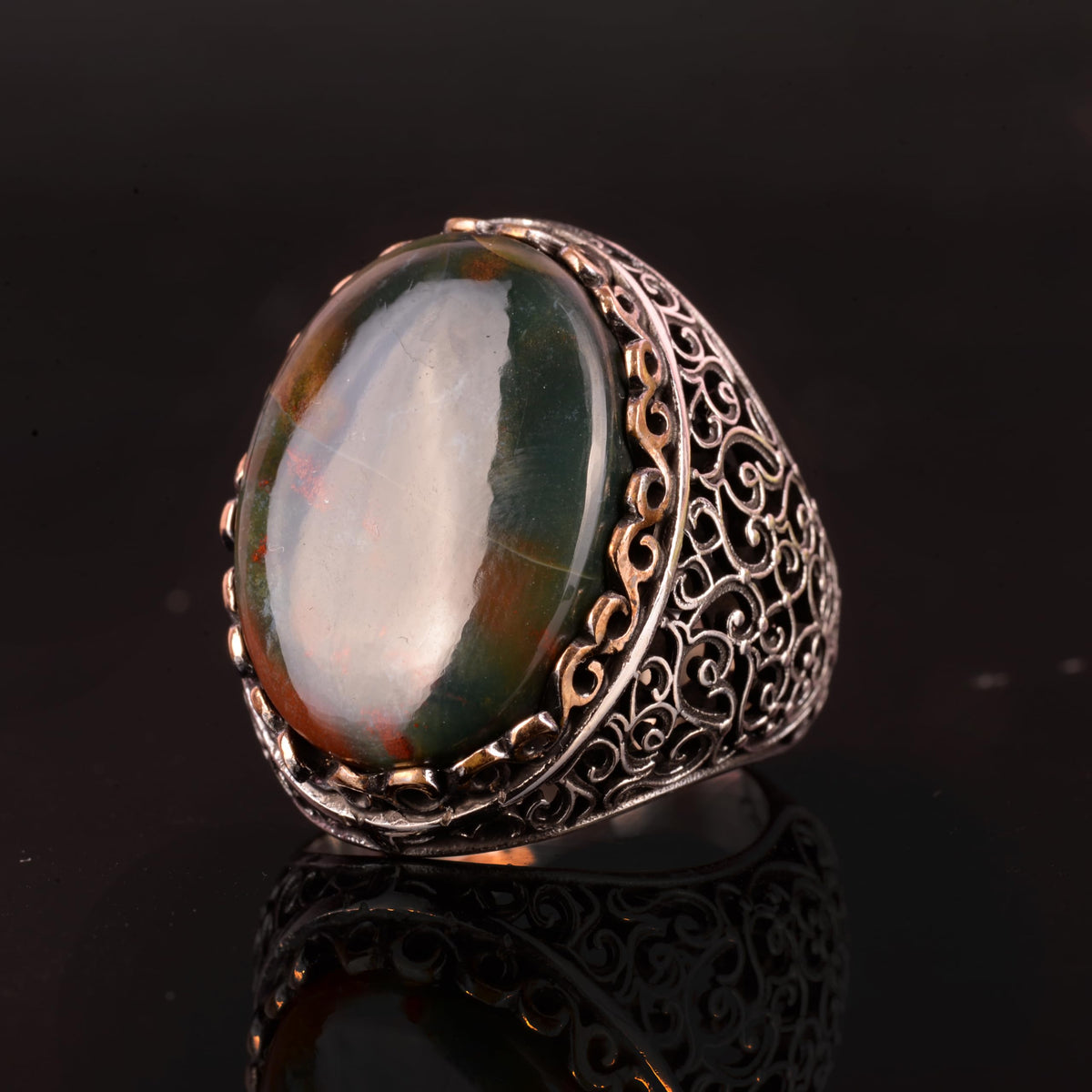 Natural Bloodstone Ring, 925 Sterling Silver Men's Ring — 4