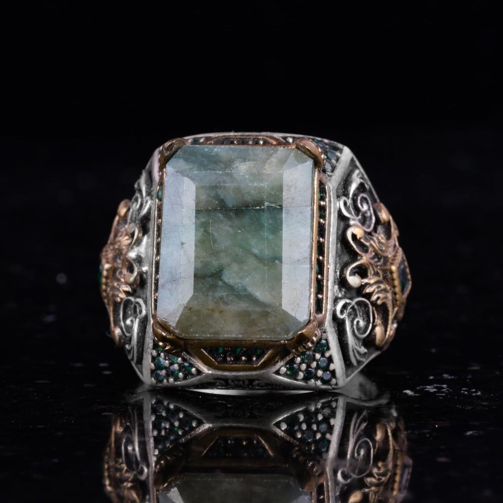 925 Sterling Silver Men's Ring with Real Emerald Stone – Handmade Vintage Design — 5
