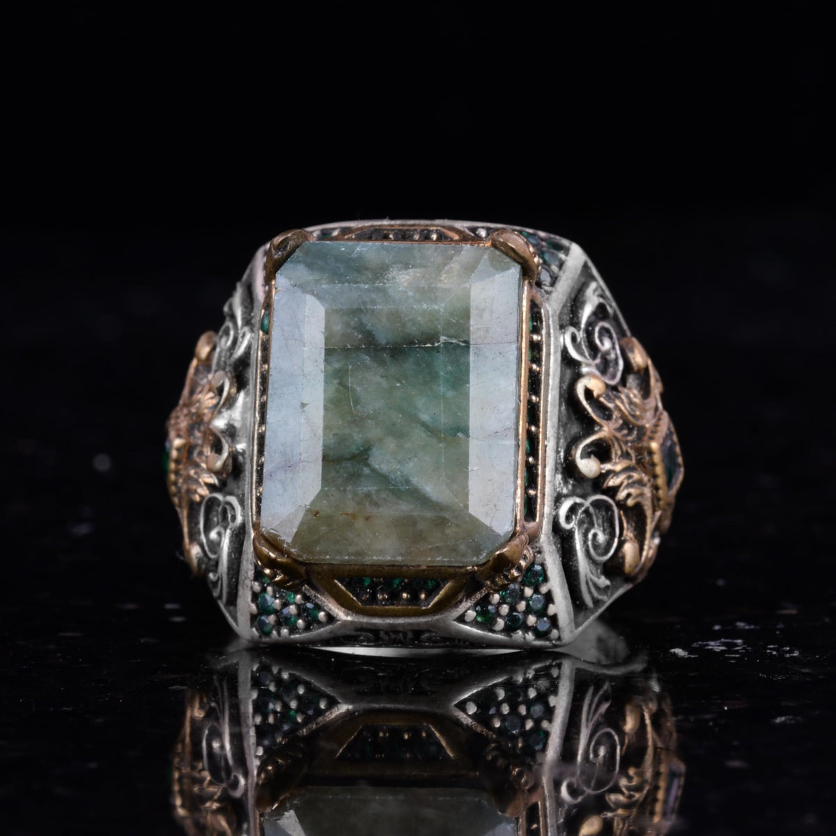 925 Sterling Silver Men's Ring with Real Emerald Stone – Handmade Vintage Design — 5