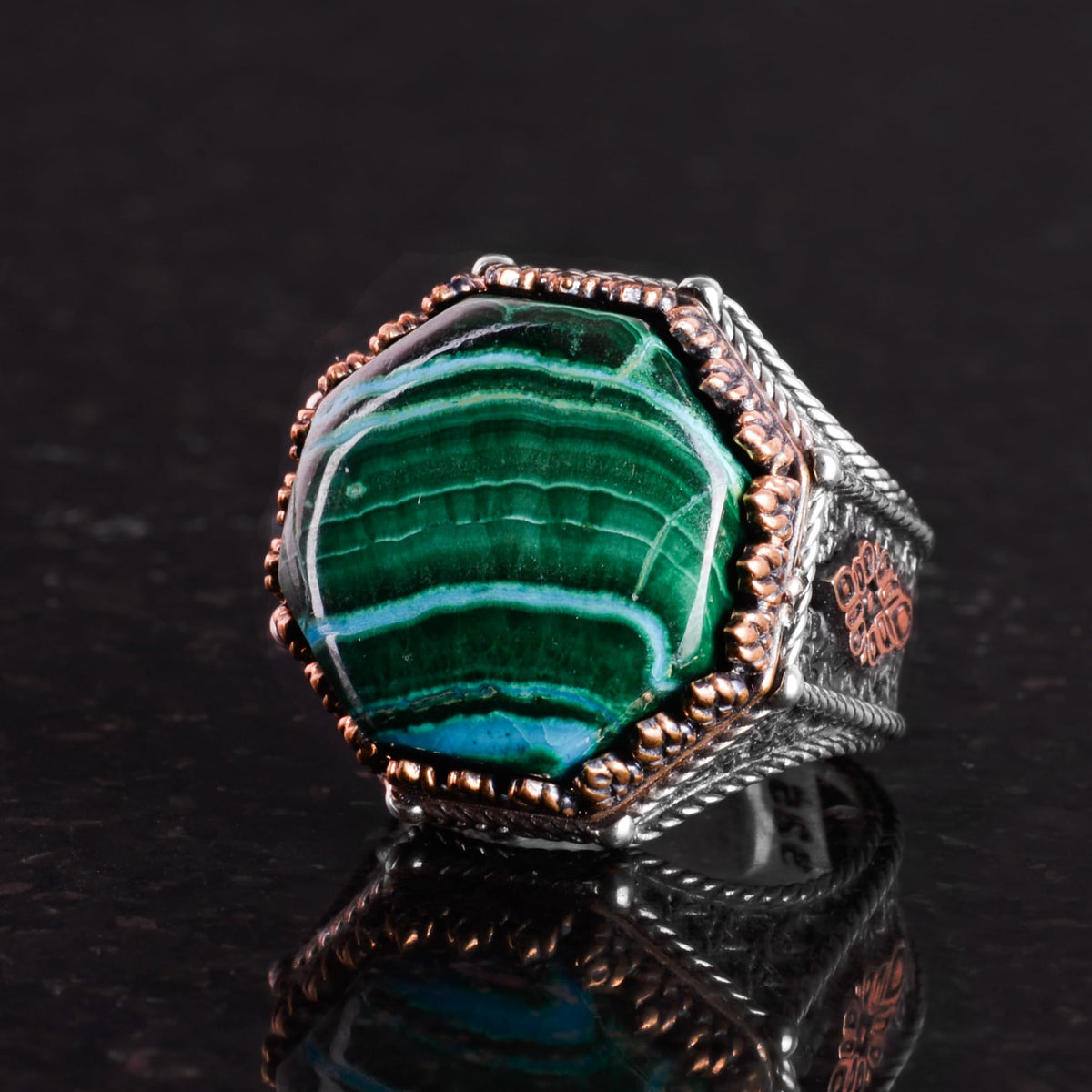 Natural Stone Ring - Octagonal Design - Handcrafted 925 Sterling Silver (Chrysocolla) — 6