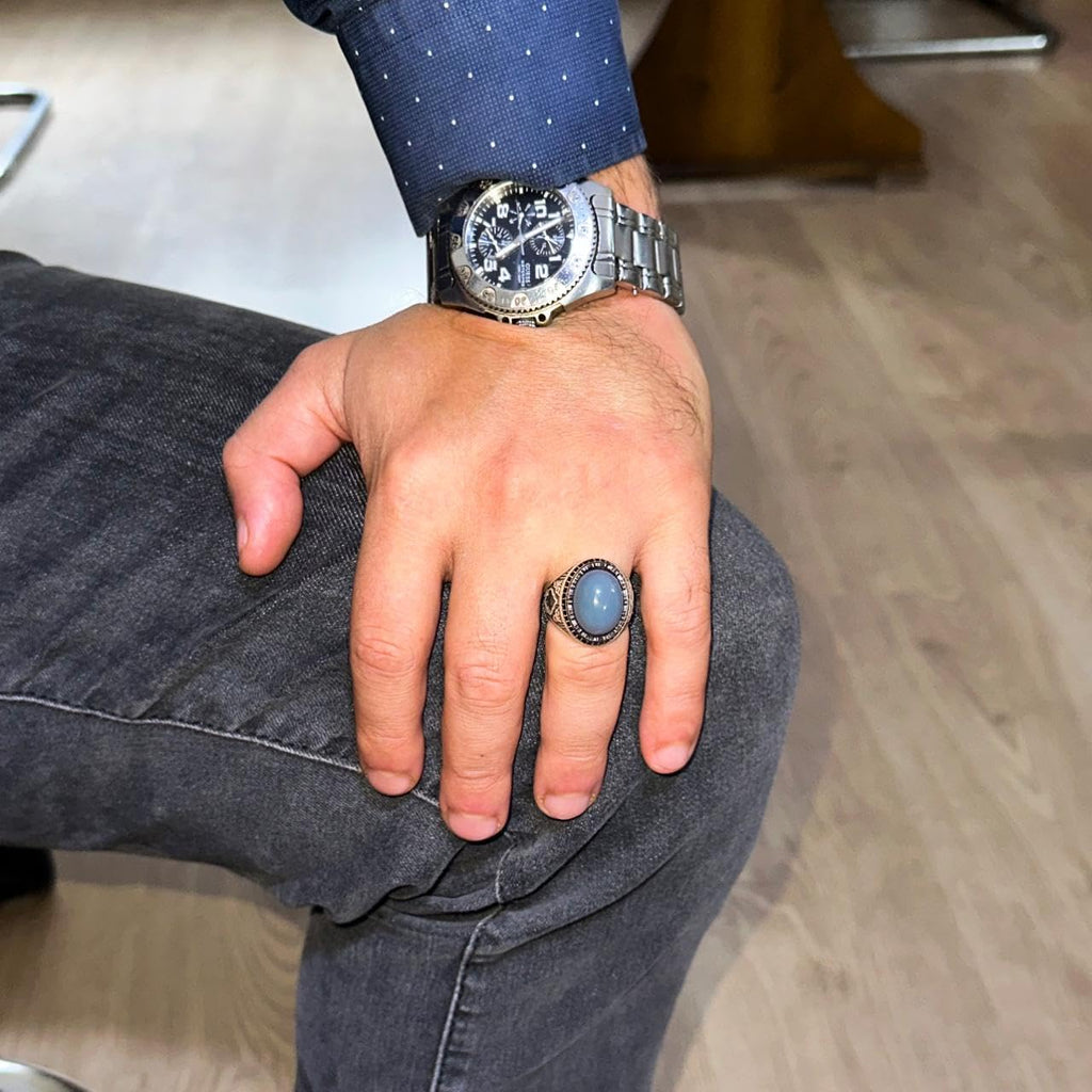 Men's Ring with Real Natural Opal Stone - 925 Sterling Silver Handmade Design — 3