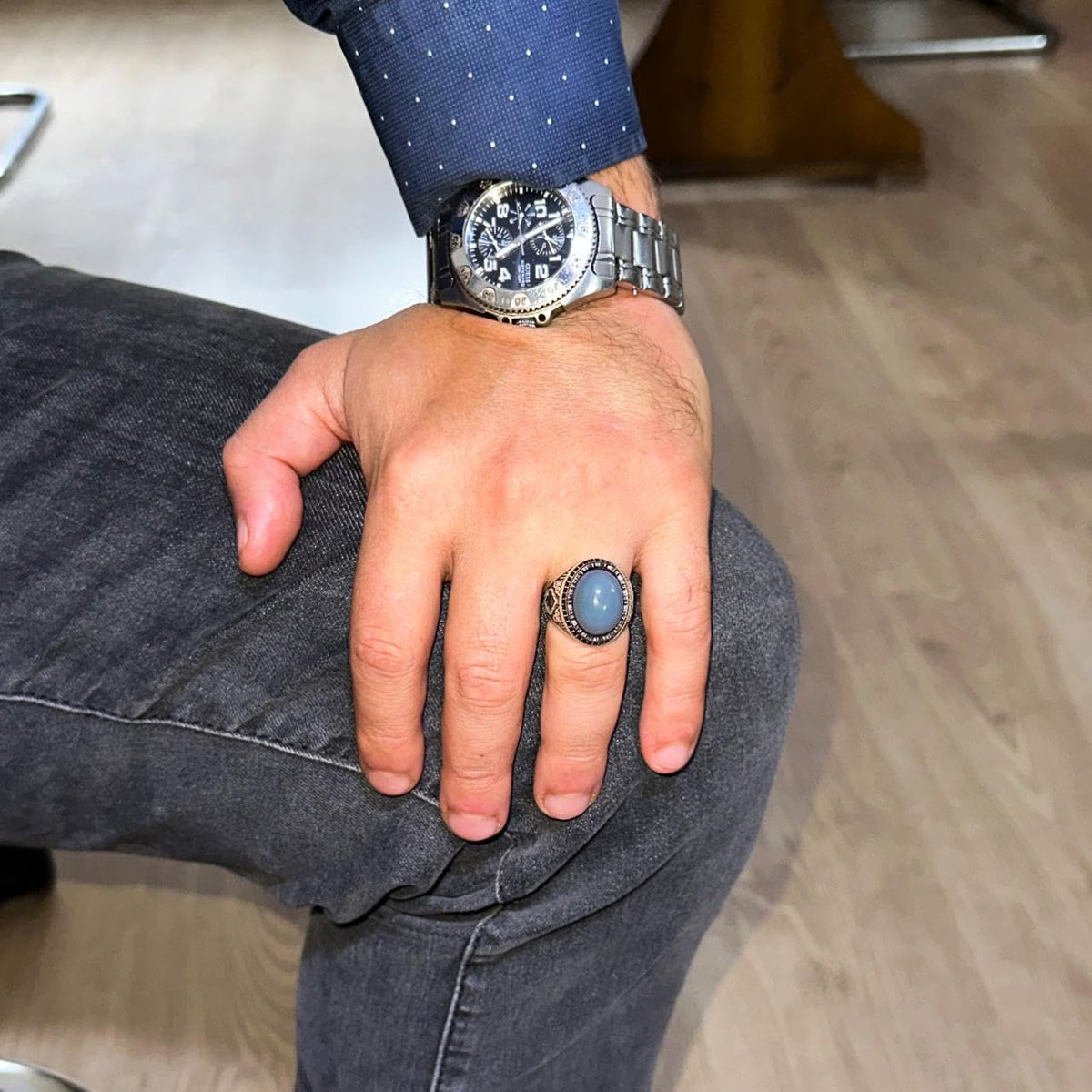 Men's Ring with Real Natural Opal Stone - 925 Sterling Silver Handmade Design — 3