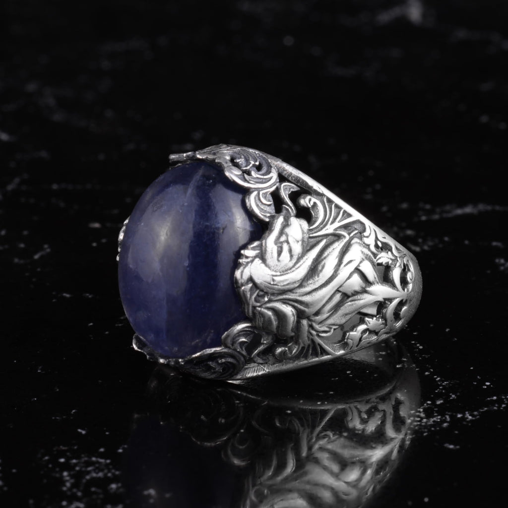 KAMBO Natural Stone Men's Ring 925 Sterling Silver - Large Flower Engraved Statement Ring - Handmade Vintage Ring for Men (Tanzanite) — 5