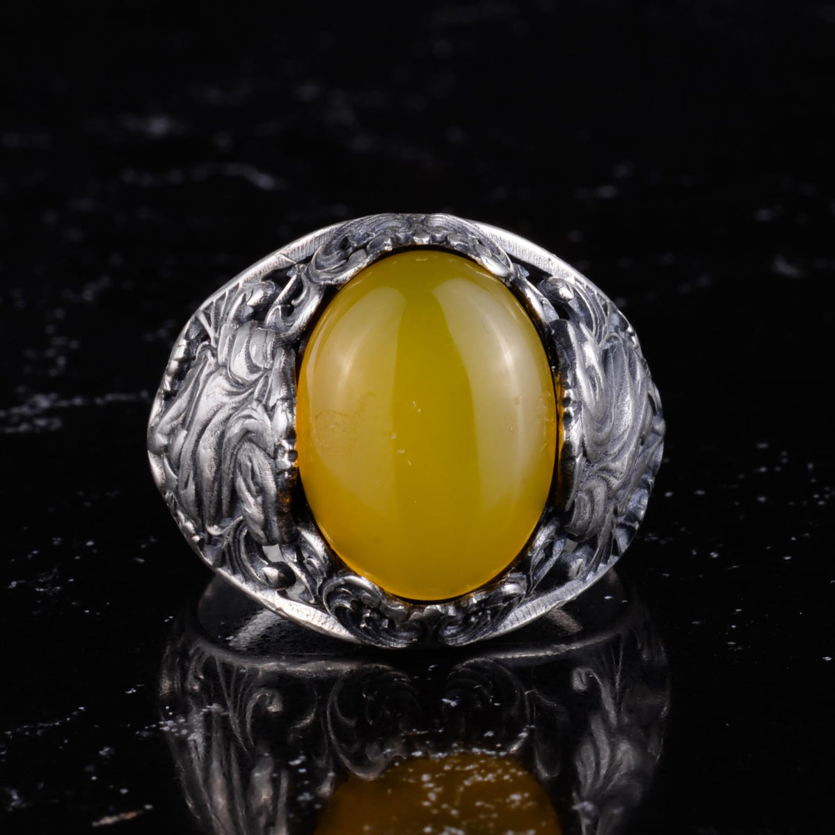 KAMBO Natural Yellow Agate Gemstone Men Ring 925 Sterling Silver - Big Floral Engraved Statement - Handmade Vintage Desi