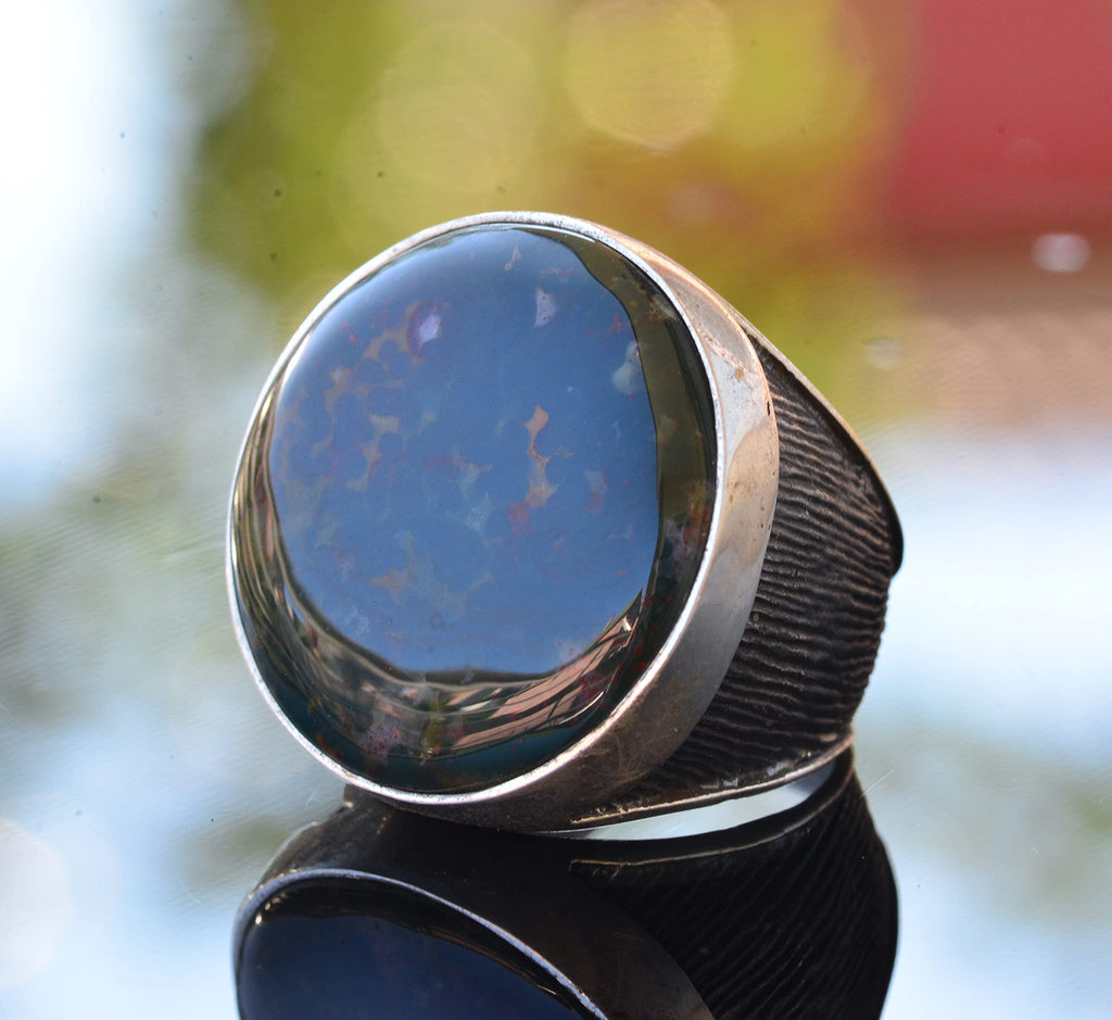 Natural Bloodstone Ring, 925 Sterling Silver Men's Round Ring — 4