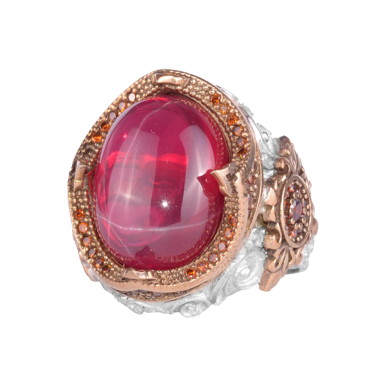 KAMBO Star Ruby Stone Men's Ring – 925 Sterling Silver Bronze Detail Statement Ring – Large Oval Red Star Ruby Handmade Ring