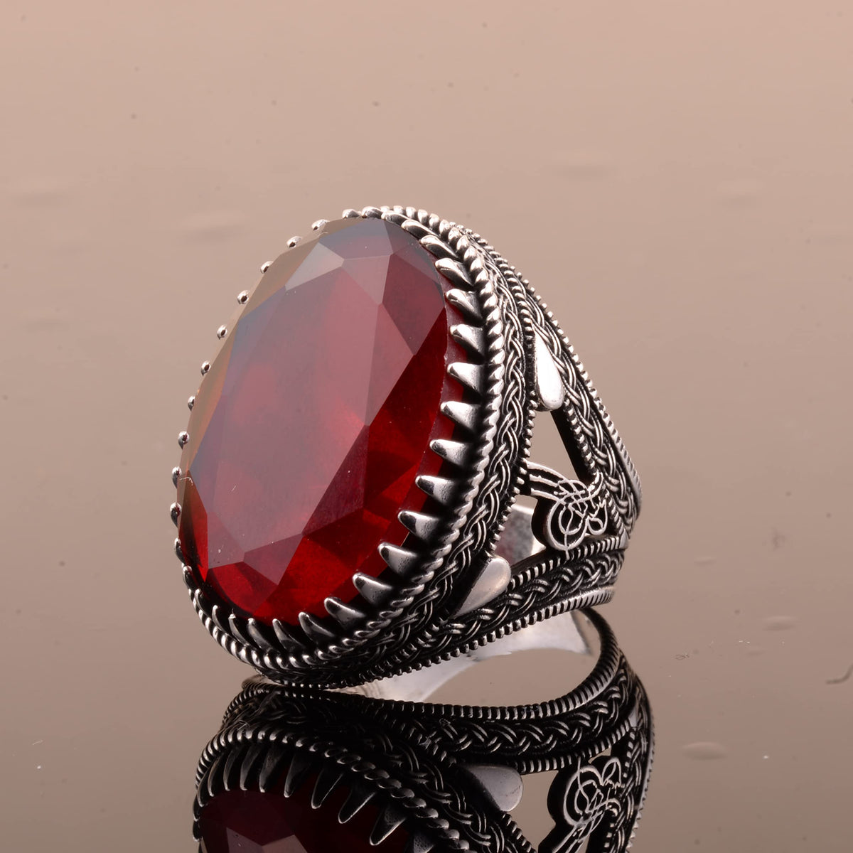 925 Sterling Silver Men's Ottoman Seal Ring, Artificial Garnet Stone — 3