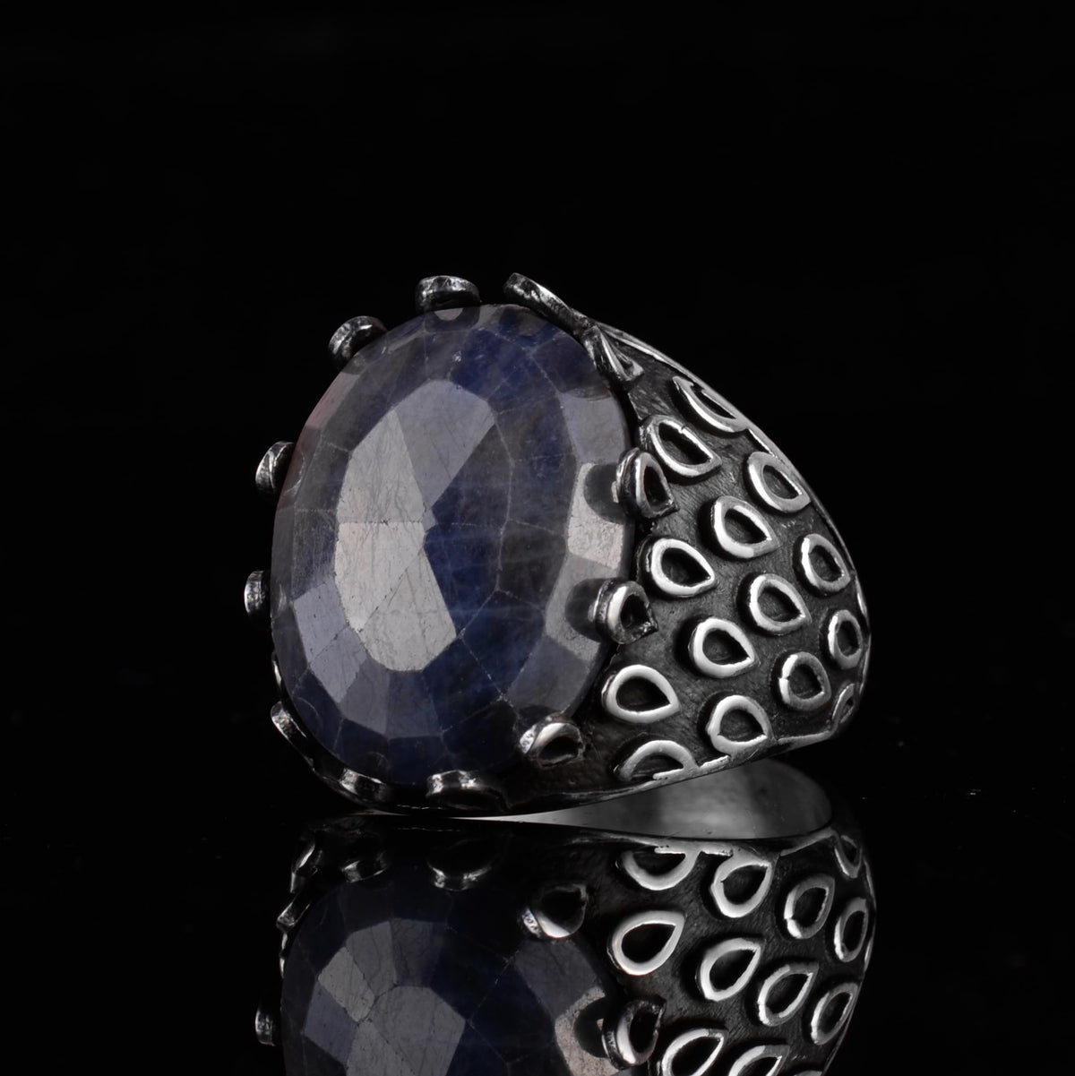 KAMBO 925 Sterling Silver Sapphire Stone Men's Ring – Oval Domed Statement Seal Ring (Sapphire-2) — 6