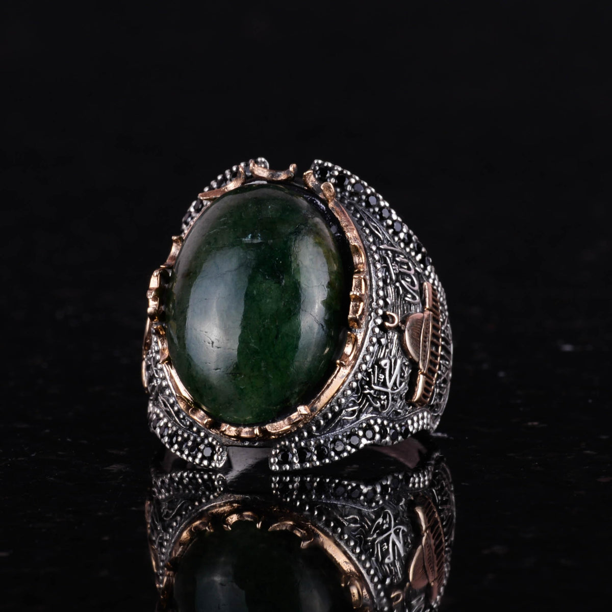 Al-Aqsa Mosque Pattern Cabochon Emerald Stone Ring, 925 Sterling Silver Men's Ring — 5