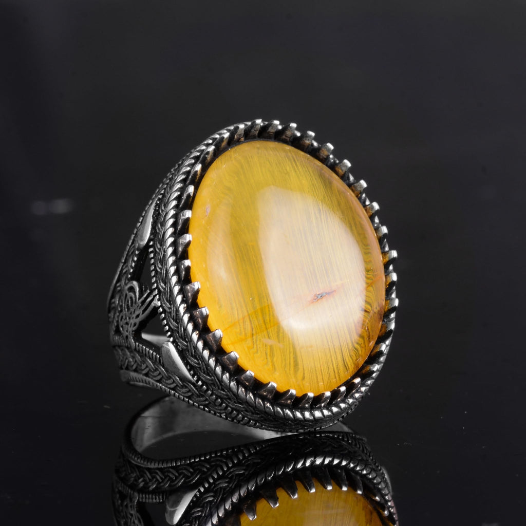 KAMBO Ottoman Tugra Design Natural Amber Stone Ring - 925 Sterling Silver Handmade (Model-5) — 4