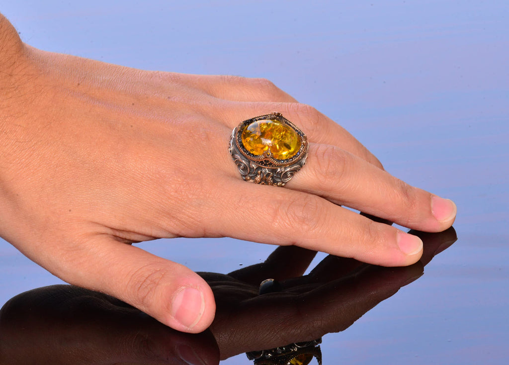 Handmade Non-Natural Stone Ring - 925 Sterling Silver Men's Jewelry (Honey Amber) — 6