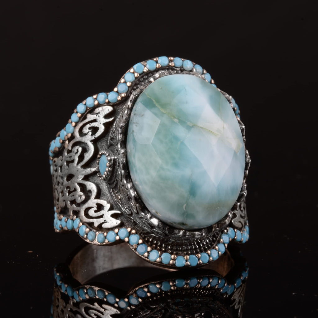 Handmade 925 Sterling Silver Men's Ring with Natural Larimar Stone - Elegant Design — 5