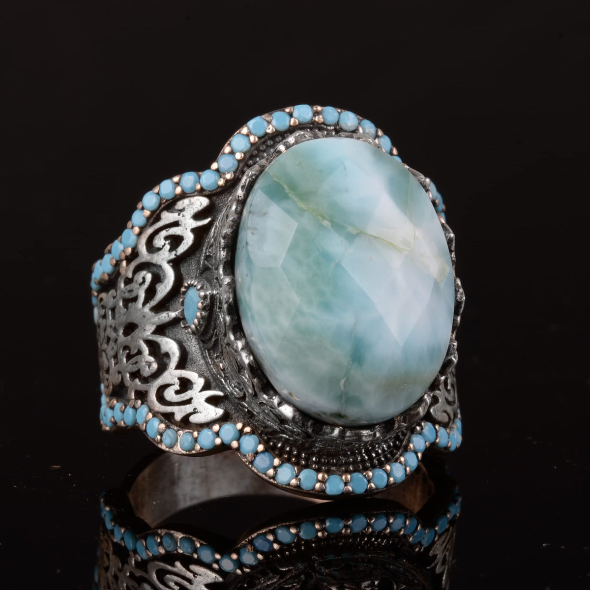 Handmade 925 Sterling Silver Men's Ring with Natural Larimar Stone - Elegant Design — 5