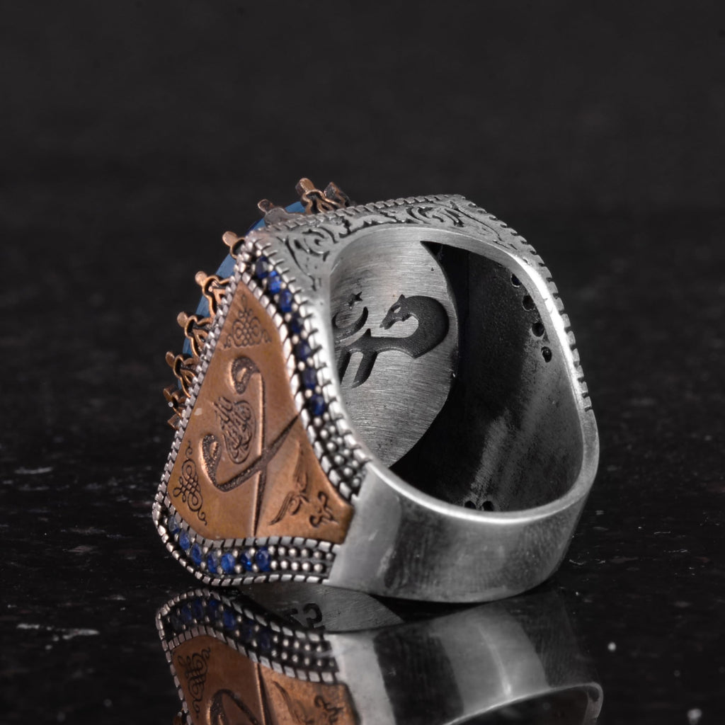 925 Sterling Silver Islamic Ring, Artificial Stone Ring, Handmade Calligraphy Written Ring (Artificial Light Blue Paraiba) — 7